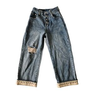 Vtg Medium Wash Distressed Letter Cuff Cropped High Waist Wide Leg Jeans 24